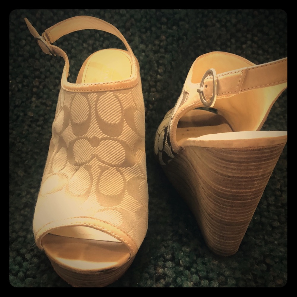 Tan Coach logo wedges